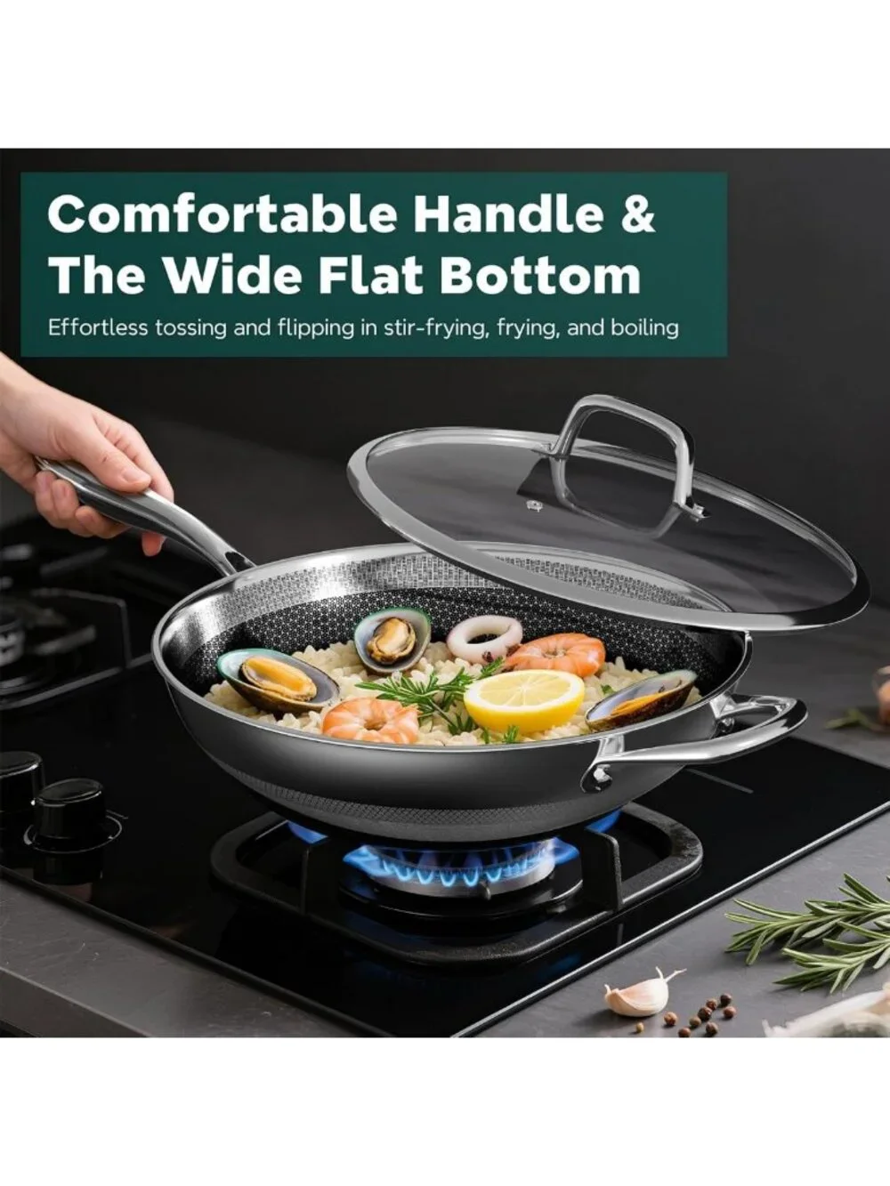 13-Inch Nonstick Stainless Steel Wok Pan with Lid for All Stoves, PFOA Free